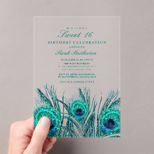 Glittery Aquamarin Blue Peacock Feathers Sweet 16 Acryleinladungen