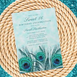 Glittery Aquamarin Blue Peacock Feathers Sweet 16 Einladung