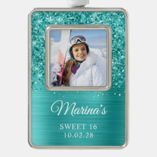 Glittery Aquamarin Foil Sweet 16 Foto Rahmen-Ornament Silber