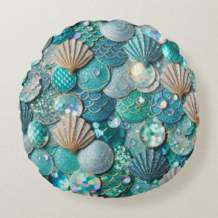 Glittery Aquamarin Mermaid Schwanz Scales drucken Rundes Kissen