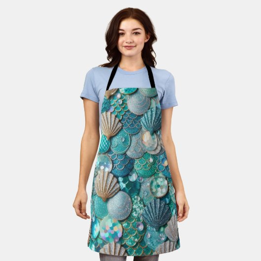 Glittery Aquamarin Mermaid Schwanz Scales drucken Schürze (Getragen)