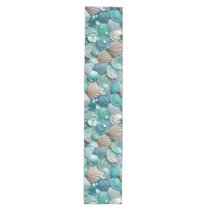 Glittery Aquamarin Mermaid Schwanz Scales Muscheln Mittelgroßer Tischläufer