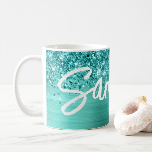 Glittery Aquamarin Türkis Glam Brush Script Name Kaffeetasse (Mit Donut)
