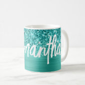 Glittery Aquamarin Türkis Glam Brush Script Name Kaffeetasse (VorderseiteRechts)