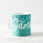 Glittery Aquamarin Türkis Glam Brush Script Name Kaffeetasse (Vorderseite Links)