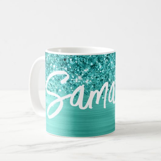 Glittery Aquamarin Türkis Glam Brush Script Name Kaffeetasse (Vorderseite Links)