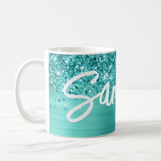 Glittery Aquamarin Türkis Glam Brush Script Name Kaffeetasse (Links)