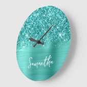 Glittery Aquamarin Türkis Glam Weißer Skriptname Große Wanduhr (Winkel)