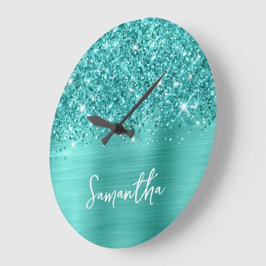 Glittery Aquamarin Türkis Glam Weißer Skriptname Große Wanduhr (Winkel)