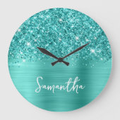 Glittery Aquamarin Türkis Glam Weißer Skriptname Große Wanduhr (Vorderseite)