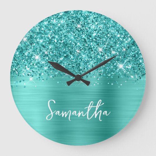 Glittery Aquamarin Türkis Glam Weißer Skriptname Große Wanduhr (Vorderseite)