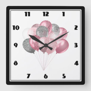 Glittery Balloon Bunch in Pink und Silver Quadratische Wanduhr