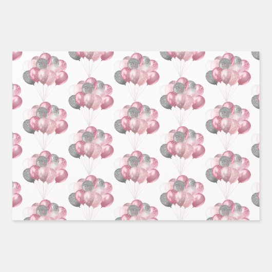 Glittery Balloon Bunch Pink und Silver Muster Geschenkpapier Set (Vorderseite)