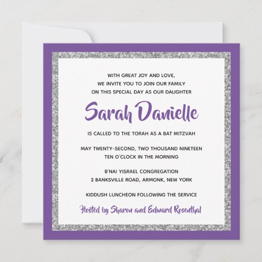 Glittery Bat Mitzvah, Aquamarin und Silberplatz Einladung (Vorderseite)