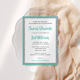 Glittery Bat Mitzvah Aquamarin und Silver Rectangl Einladung