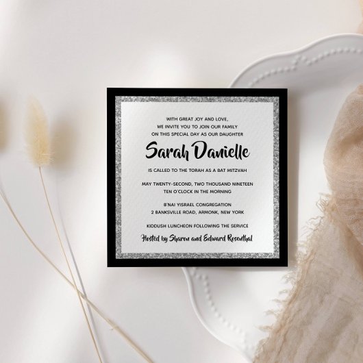 Glittery Bat Mitzvah Black Silver Square Einladung