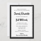 Glittery Bat Mitzvah Black und Silver Rectangle Einladung (Vorderseite)