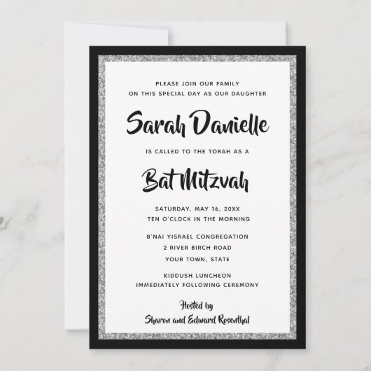 Glittery Bat Mitzvah Black und Silver Rectangle Einladung (Vorderseite)