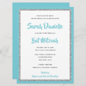 Glittery Bat Mitzvah Blue und Silver Large Einladung (Vorne/Hinten)