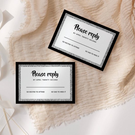 Glittery Bat Mitzvah Elegant Schwarz und Silber RSVP Karte