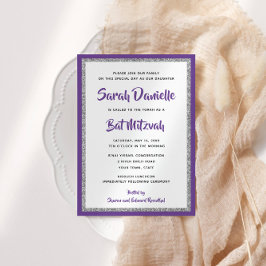Glittery Bat Mitzvah Lila und Silver Rectangle Einladung