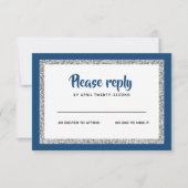 Glittery Bat Mitzvah Navy Blau und Silver RSVP Karte (Vorderseite)