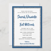 Glittery Bat Mitzvah Navy Blue & Silver Rectangle Einladung (Vorderseite)