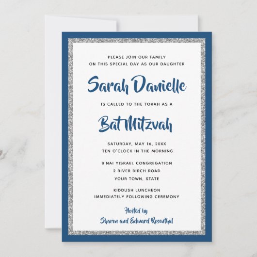 Glittery Bat Mitzvah Navy Blue & Silver Rectangle Einladung (Vorderseite)