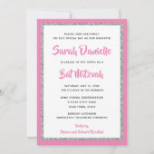 Glittery Bat Mitzvah Pink und Silver Rectangle Einladung (Vorderseite)
