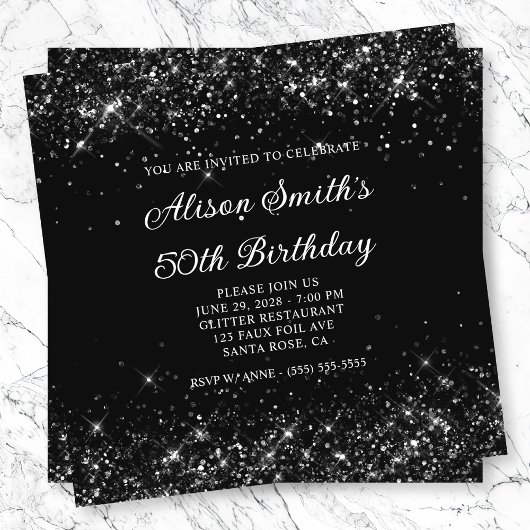 Glittery Black 50. Geburtstag Einladung