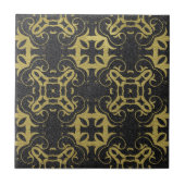 Glittery Black Faux Gold Metallic Damask Pattern Fliese (Vorderseite)
