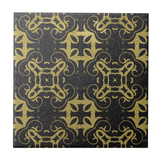 Glittery Black Faux Gold Metallic Damask Pattern Fliese (Vorderseite)