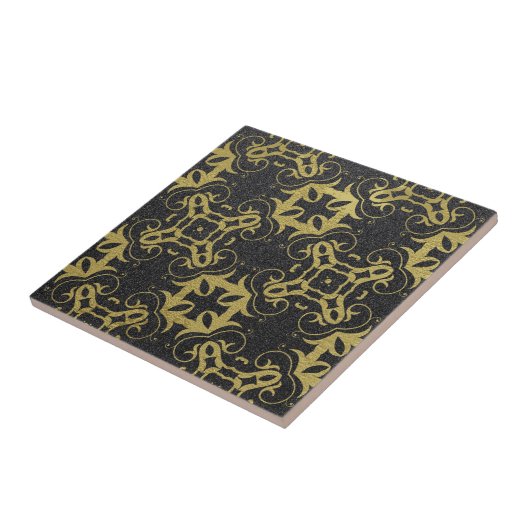 Glittery Black Faux Gold Metallic Damask Pattern Fliese (Seite)