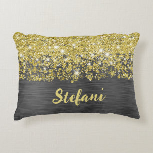 Glittery Black Gold Glam Script Name Accent Pillow Dekokissen
