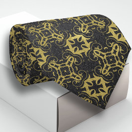 Glittery Black Imitats Gold Metallic Damask Muster Krawatte