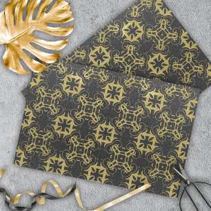 Glittery Black Imitats Gold Metallic Damask Muster Seidenpapier