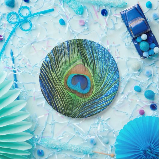 Glittery blauer Pfau Pappteller (Party)