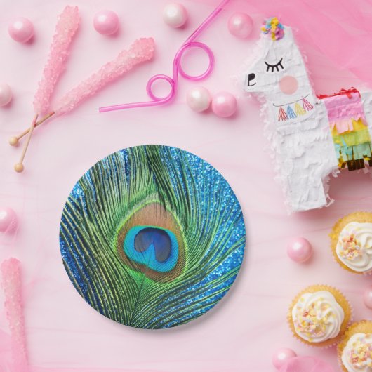 Glittery blauer Pfau Pappteller (Party)