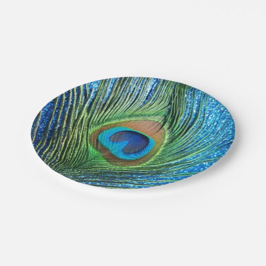 Glittery blauer Pfau Pappteller (Schrägansicht)