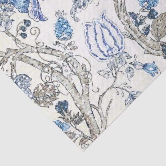 Glittery blaues Blumen auf Winter-Weiß Seidenpapier (Ausschnitt)