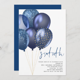 Glittery Blue Gold Balloons 60. Geburtstagsparty Einladung