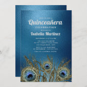 Glittery Blue Gold Peacock Feathers Quinceañera Einladung (Vorne/Hinten)