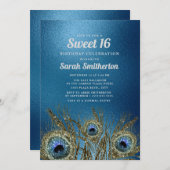 Glittery Blue Gold Peacock Feathers Sweet 16 Einladung (Vorne/Hinten)