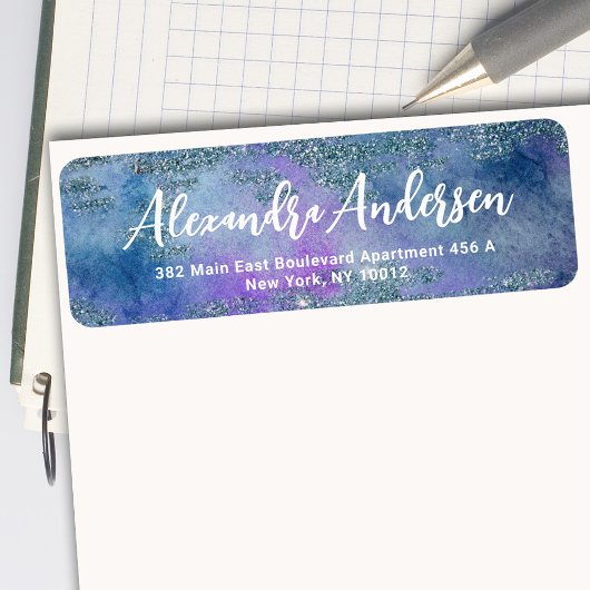 Glittery Blue Lila Watercolor Rücksendeadresse