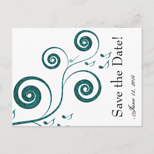 Glittery Blue Music Save the Date Ankündigungspostkarte (Vorderseite)