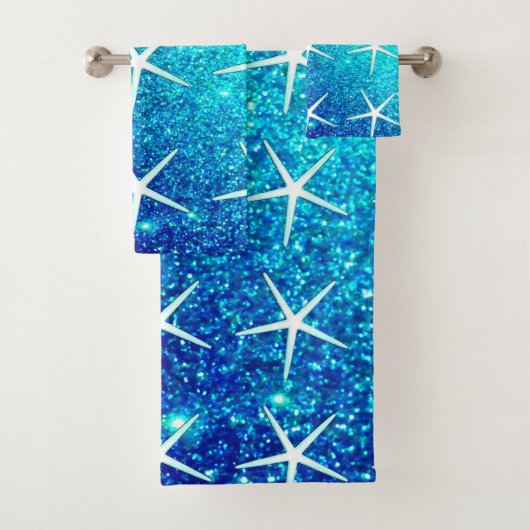Glittery Blue Ombre Aquamarin Sparkle Starfish Mus Badhandtuch Set (Insitu)