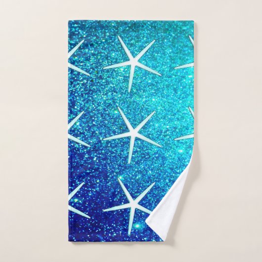 Glittery Blue Ombre Aquamarin Sparkle Starfish Mus Badhandtuch Set (Handtuch)