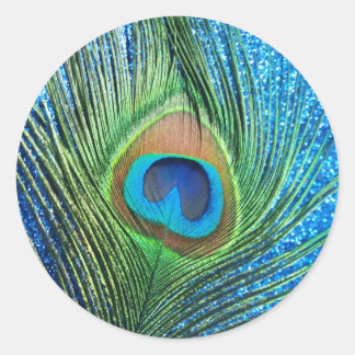 Glittery Blue Peacock Feather Still Life Runder Aufkleber