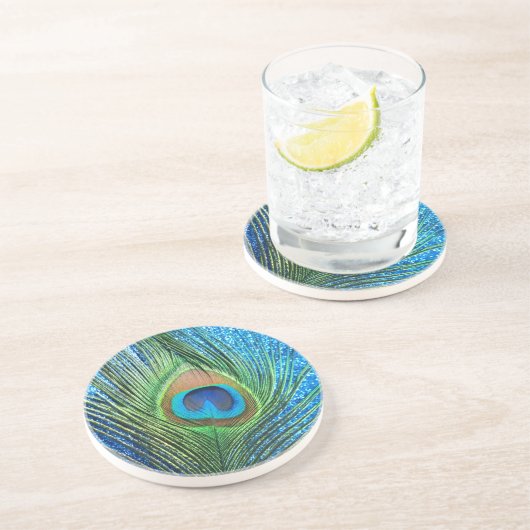 Glittery Blue Peacock Feather Still Life Untersetzer (Seite)