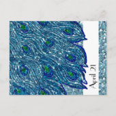 Glittery Blue Spangle Peacock Save the Date Ankündigungspostkarte (Vorderseite)